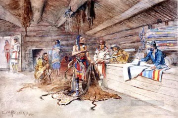 joe kipp’s poste de traite 1898 Charles Marion Russell Indiens d’Amérique Peinture à l'huile